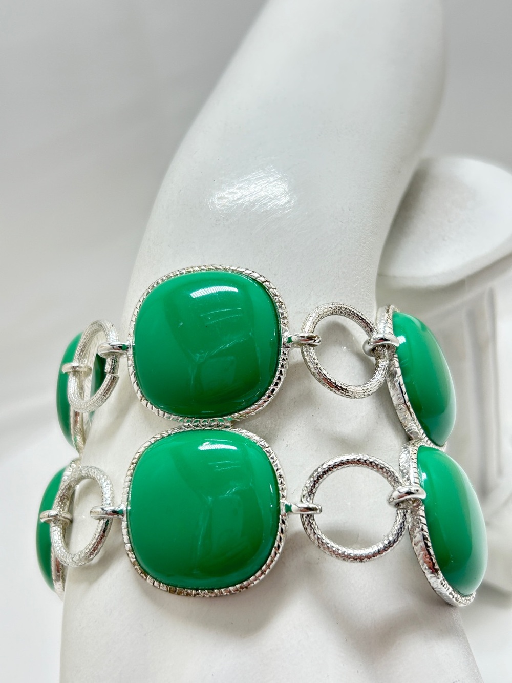 Banana Republic, Silver & Green Square Cabochon Wide Bracelet, Double Strand, 8”